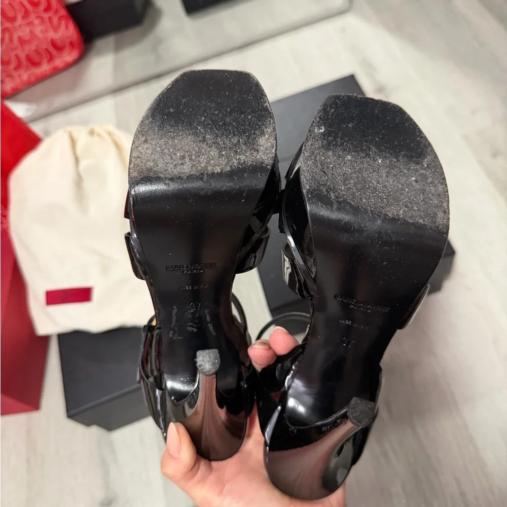 Saint Laurent Black Patent Leather Platform Sandals with Gold Logos